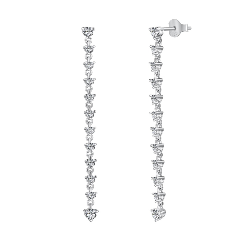 New Arrival S925 Sterling Silver White Round Moissanite Zirconium One-line Tassel Design Niche Fashion High Sense Earrings
