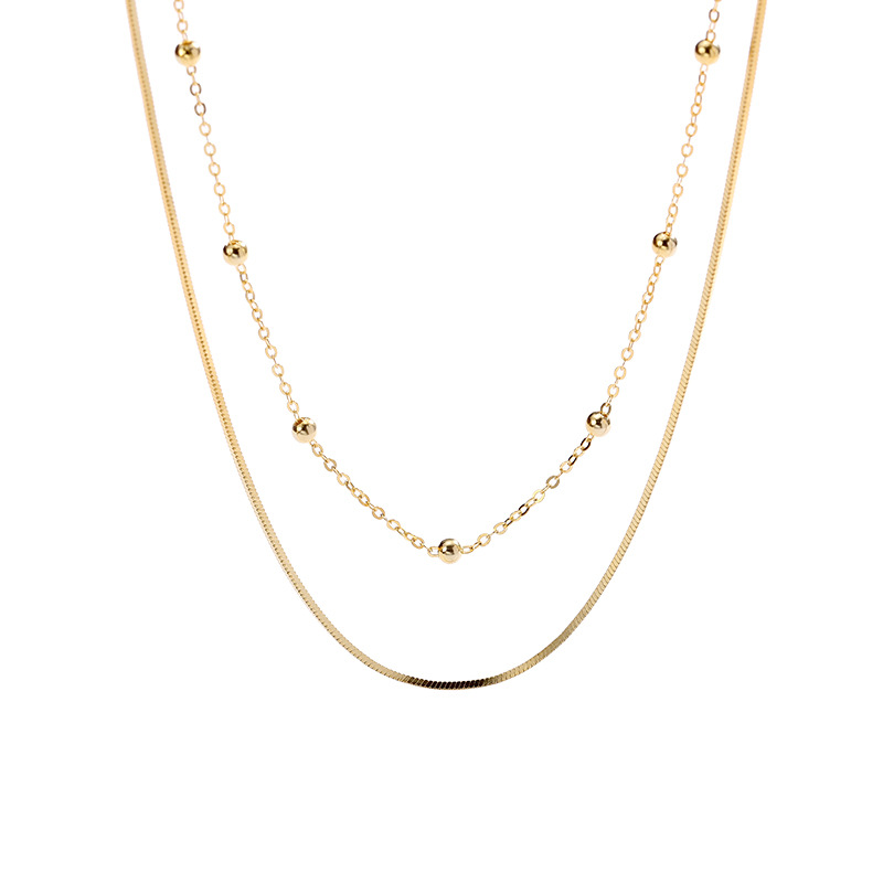 925 Sterling Silver 18K Gold Plated Double Beaded Link Chain Necklace for Women Classic Hook Shape with Zircon for Anniversaries