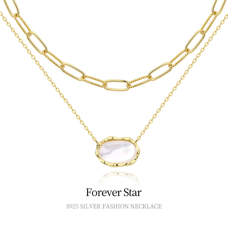 925 Sterling Silver Stacked Chain Layer Necklace with Mother-of-Pearl Shell Oval Pendant Gold Plated Beach Jewelry for Women