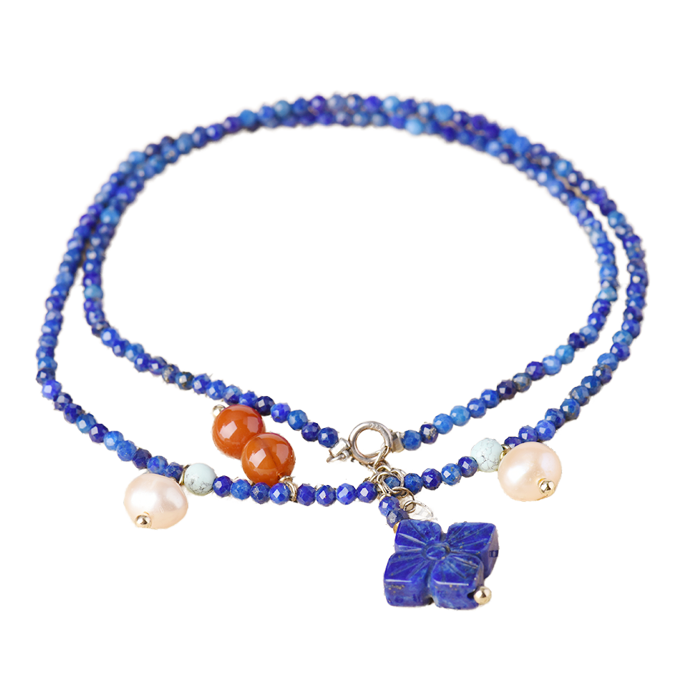 Natural Lapis Lazuli round Faceted Diamond Bead Necklace with Clover Design for Wedding or Gift Trendy Style