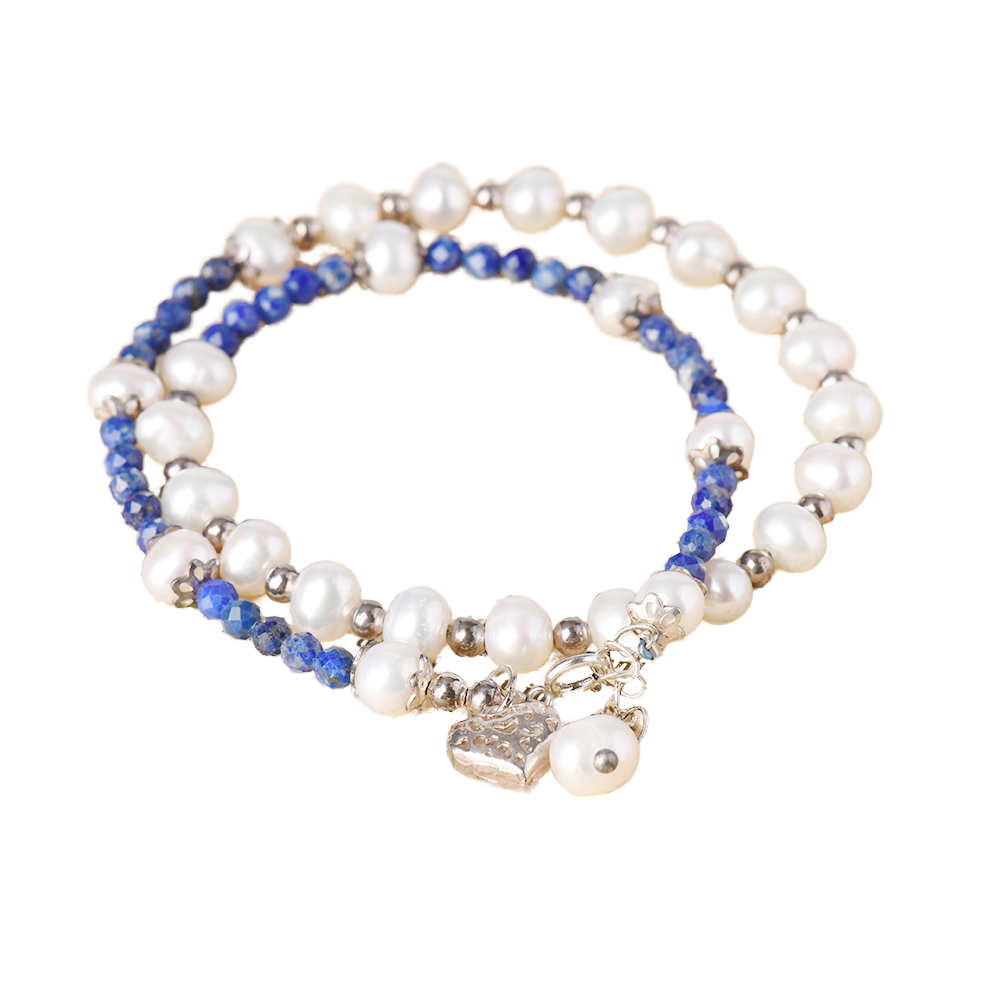 925 Solid Sterling Silver Beaded Bracelet High Quality Natural Lapis Heart Beautiful for Wedding Anniversary Gifts
