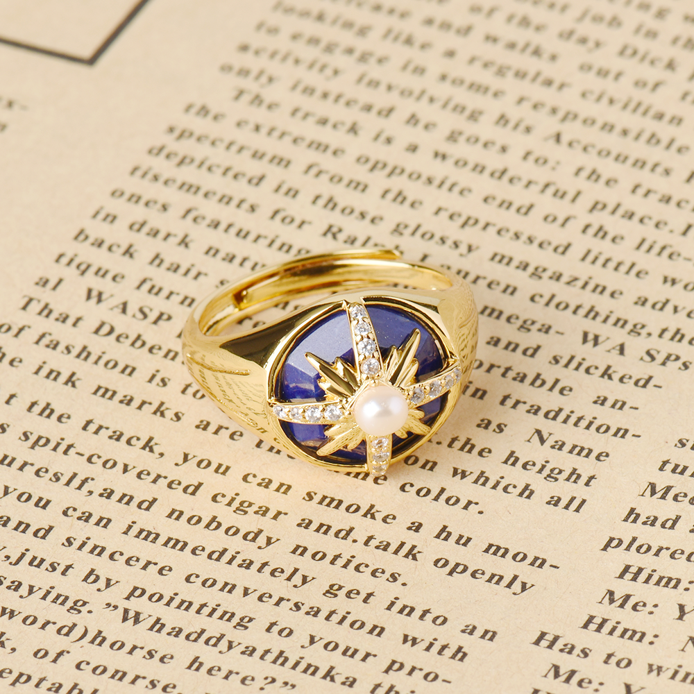Premium Lapis Sapphire Jewelry Natural 12m Lapis Pearl Ring925 Sterling Silver Ring