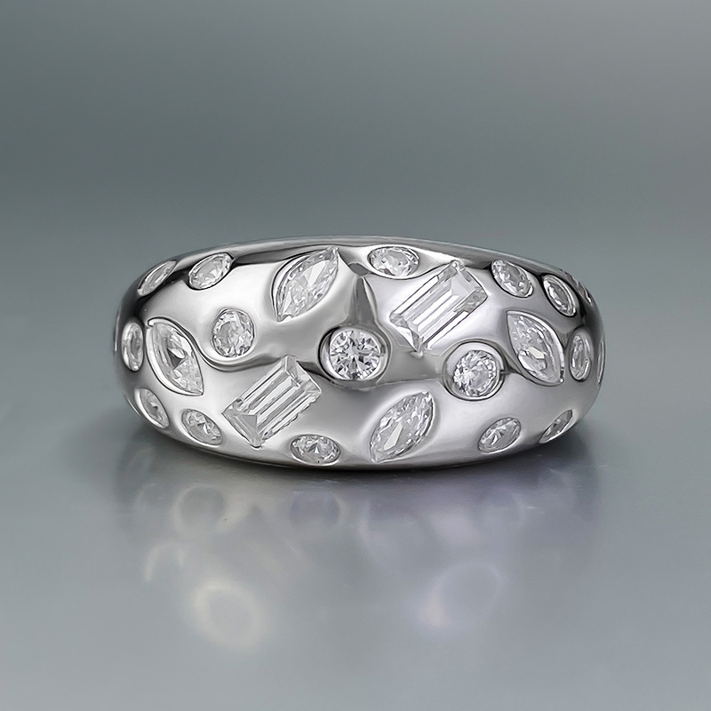 Fashion Deign Multi Shape Domed 925 Silver Gypsy Setting Ring Band White CZ Stone