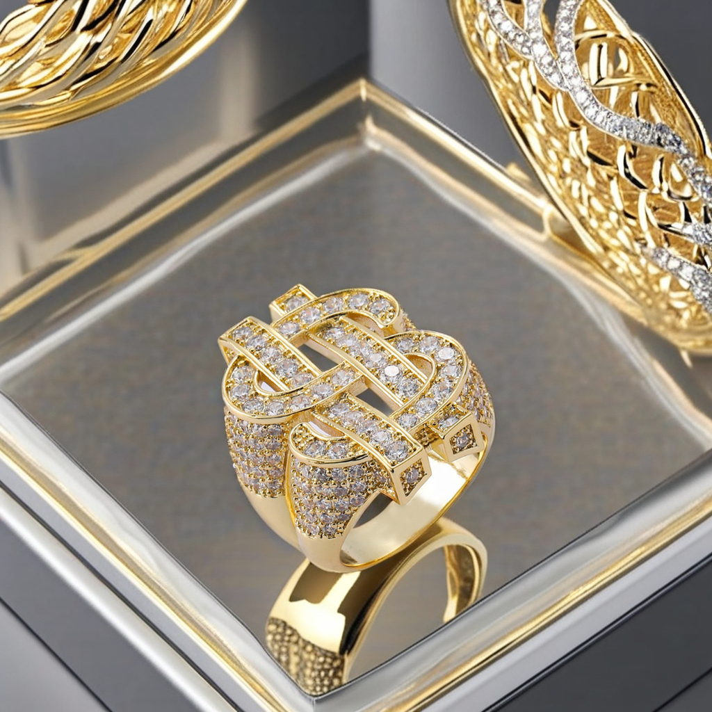 Unisex 925 Silver Ring Hollow Dollar Symbol 18K Rhodium Plated Full Set Hip Hop Trend for Daily Wedding Party  Certified