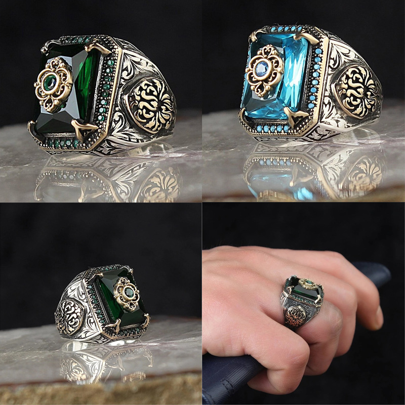 Handmade Men's Moissanite Lab Grown Diamond Ring New Vintage Square Gemstone with Hip Hop Personality Punk Boutique Style
