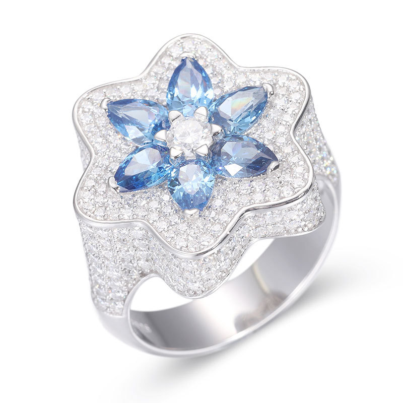 S925 Silver Moissanite Ring for Men Flower Shape with Super Flash Diamond Hip-Hop Style All-Match Natural Diamond Ring