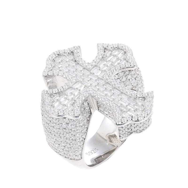 S925 Silver Moissanite Cross-Shape Ring for Men Super Flash T Square Diamond Cross-Border Hip Hop Style Ready to Wear