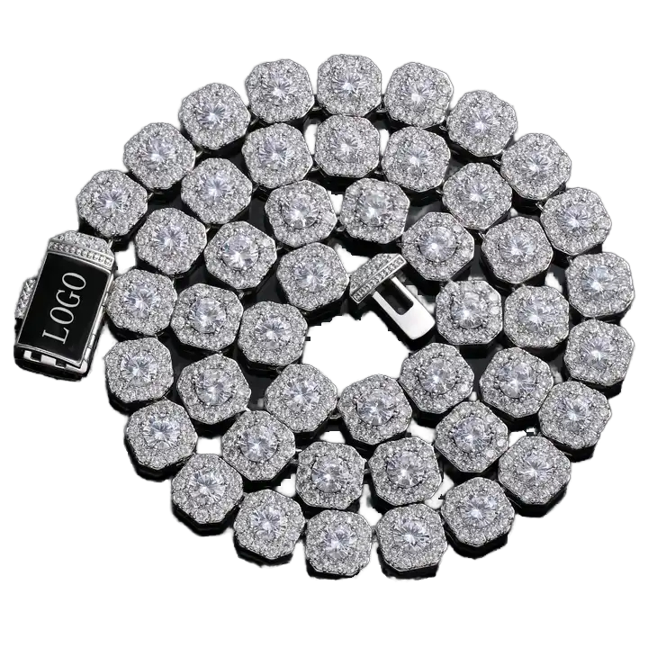 VVS Moissanite 10mm Cluster Tennis Chain 925 Sterling Silver Necklace with Iced Gold Plating Hip Hop Style Hiphop Hiphop Style