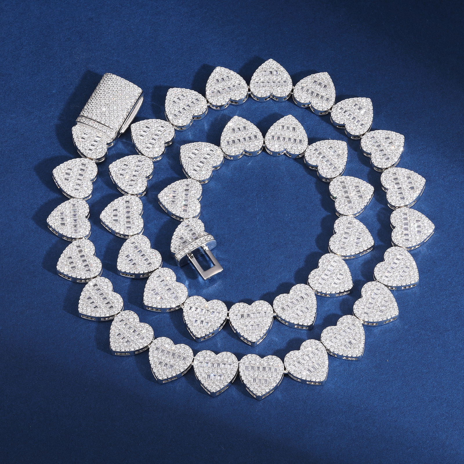 Hip Hop Jewelry Trendy Gold Plated Cuban Link 13mm 925 Sterling Silver VVS Moissanite Iced Buguette Heart Tennis Necklace