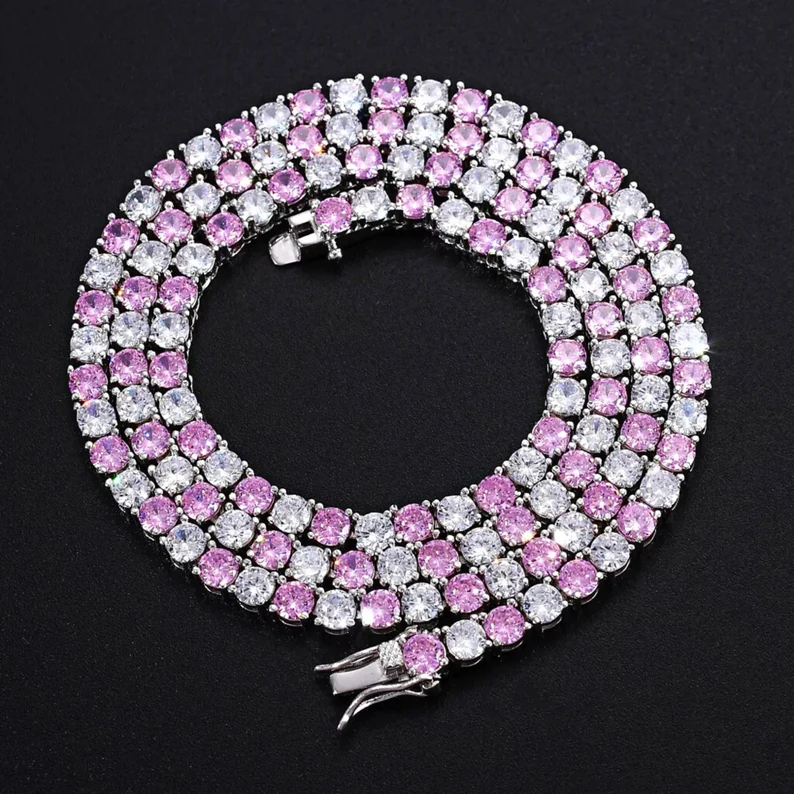 925 Sterling Silver Luxury Tennis Chain Pink White Moissanite Iced 4mm Trendy Tennis Necklace Cushion Cut Diamond for Wedding