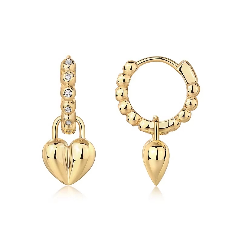 18K 925 Silver & Gold Plated Hoop Earrings with Heart Shape Moissanite Pendant Elegant Gold Plated Earrings