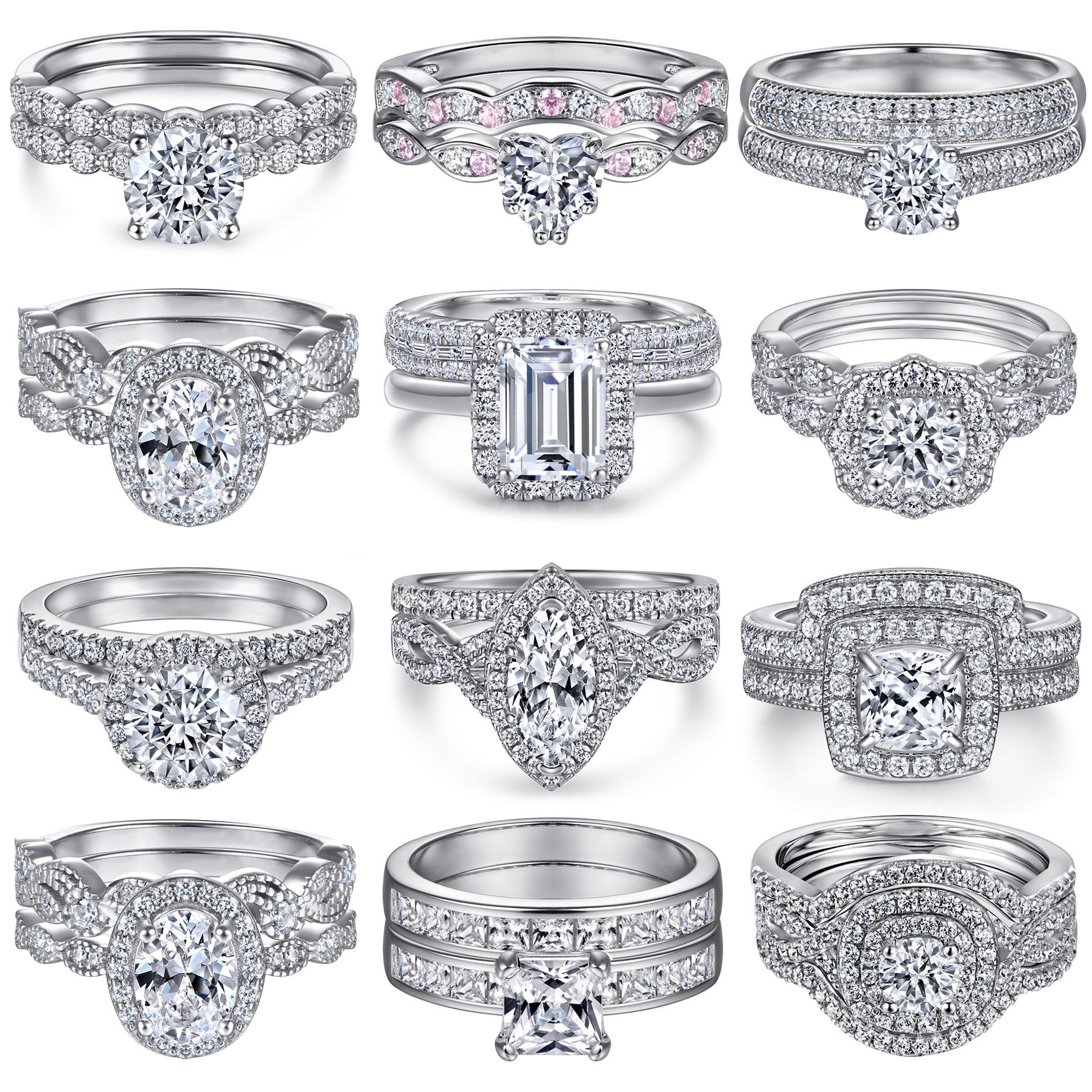 Luxury Lab Diamond Original Silver 3 Piece Wedding Ring Set 925 Sterling Silver for Couples Set and Engagement