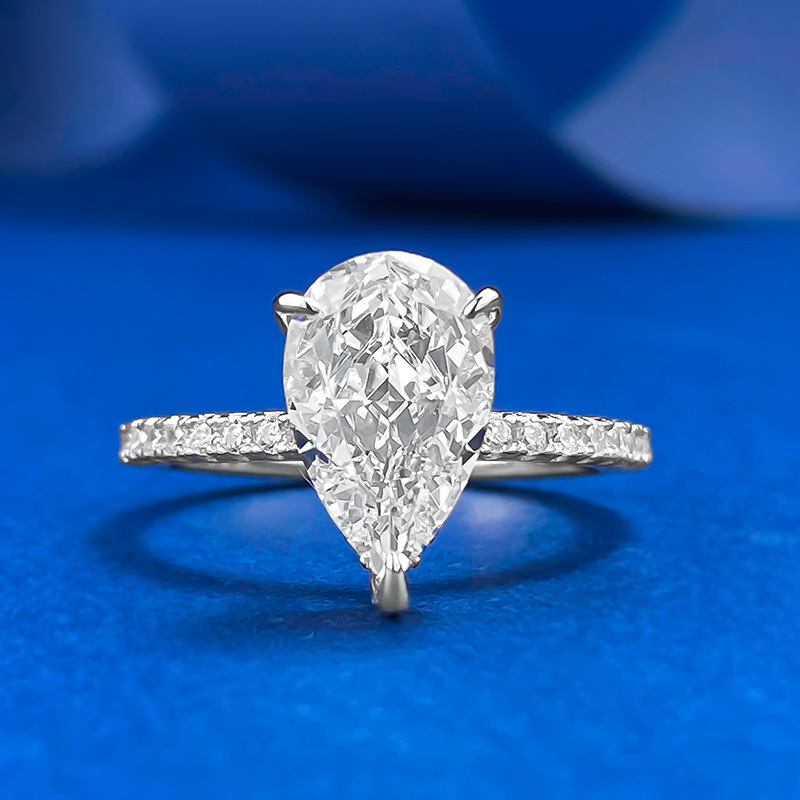 S925 White Ice Flower Cut Pear Gemstone Ring 7*11mm Rhodium Plated Lab Diamond Water Drop Design for Anniversary