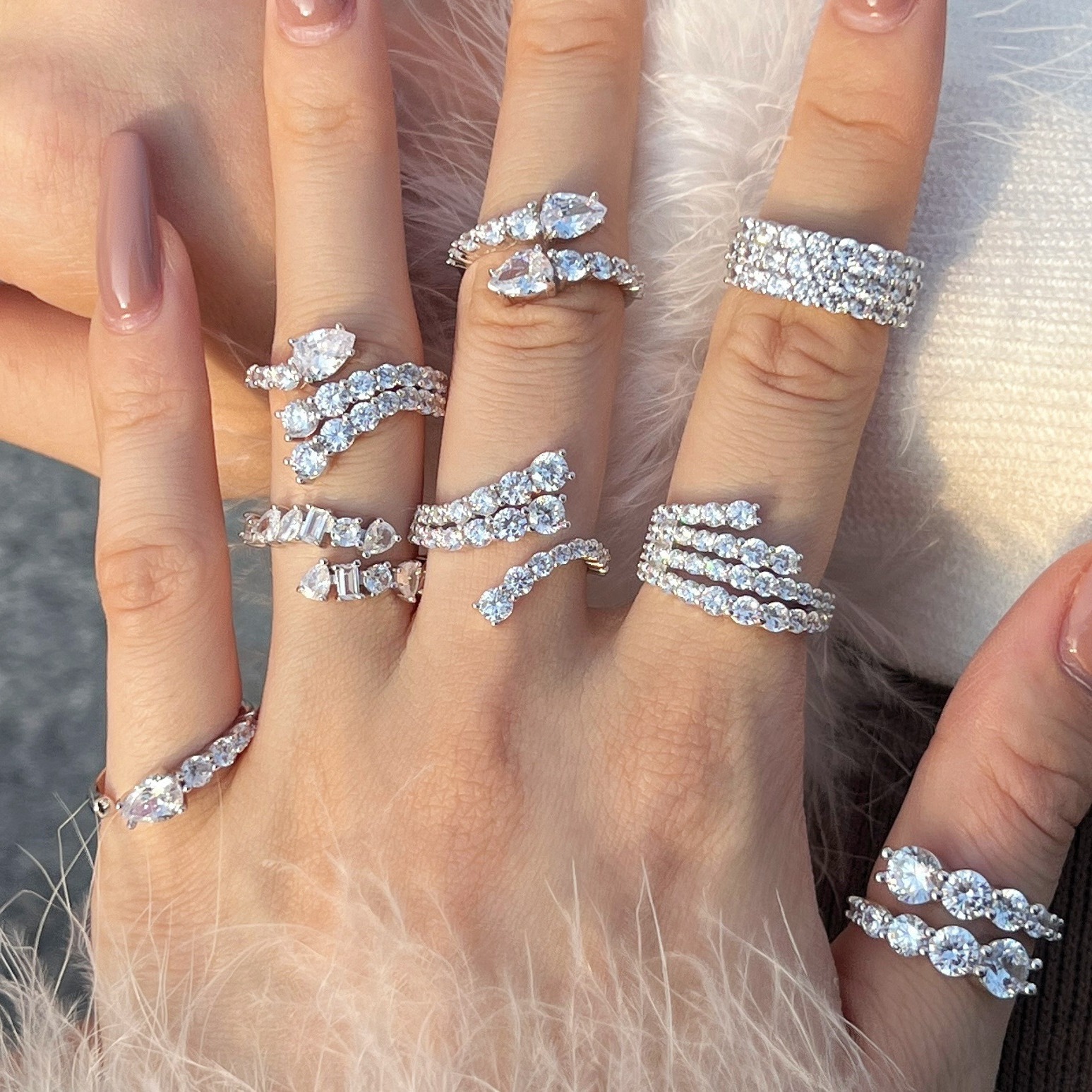Super Flash Light Luxury Full Lab Diamond Double Layered Ring Set for Women with a High Level Sense and a Niche Opening