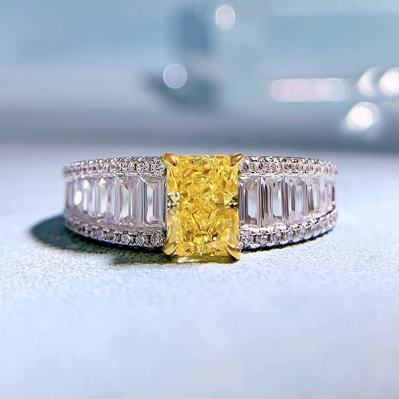 2025 Collection High Carbon 925 Silver Yellow Diamond Ring Radiant Cut 5*7mm Lab Diamond Style Best Seller Rhodium Plated