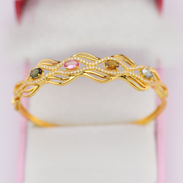 Hot Sale Fashional Designs 925 Sterling Silver Bracelet 18K Gold Plated Colorful Cubic Zirconia Jewelry Bangle